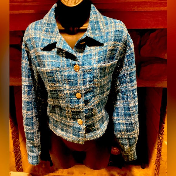 ZARA BLUE TWEED CROPPED LONG SLEEVE RHINESTONE BUTTON OVERSIZED JACKET SZ. L - Picture 2 of 15